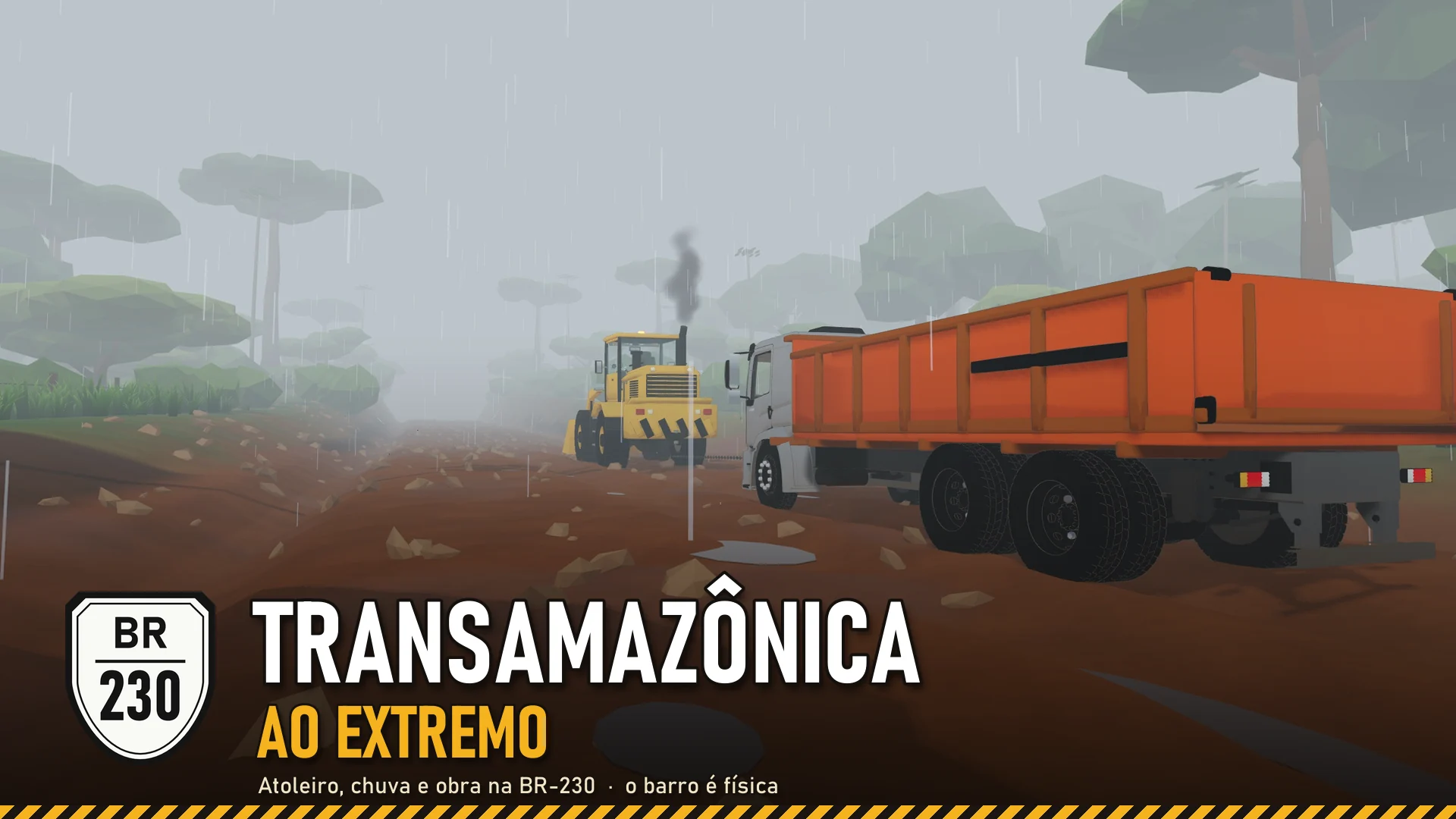 Máquinas e caminhão trabalhando no canteiro da versão em desenvolvimento